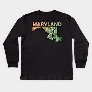 Colorful mandala art map of Maryland with text in green and orange Kids Long Sleeve T-Shirt